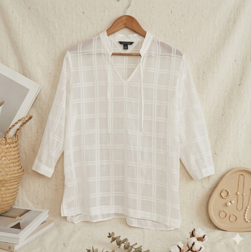 Tommy Hilfiger White Cotton Windowpane Sheer Top / Cover-Up Peasant Blouse